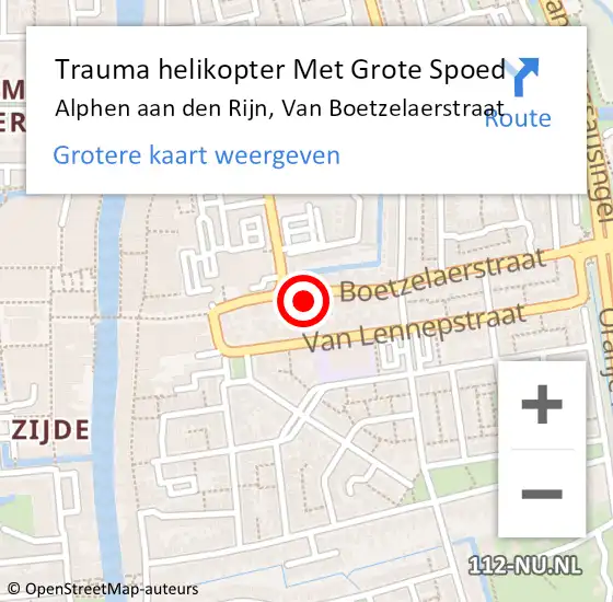 Locatie op kaart van de 112 melding: Trauma helikopter Met Grote Spoed Naar Alphen aan den Rijn, Van Boetzelaerstraat op 14 juli 2022 18:22