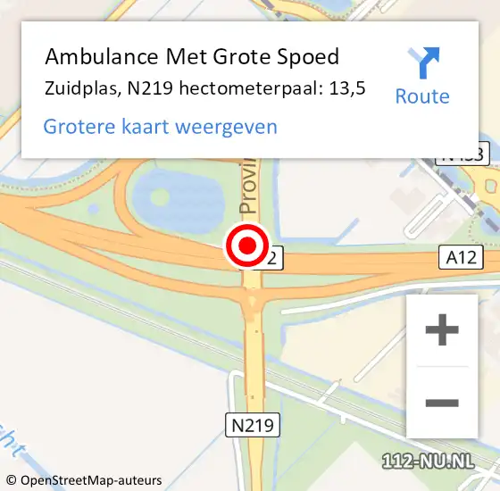 Locatie op kaart van de 112 melding: Ambulance Met Grote Spoed Naar Zuidplas, N219 hectometerpaal: 13,5 op 14 juli 2022 19:23