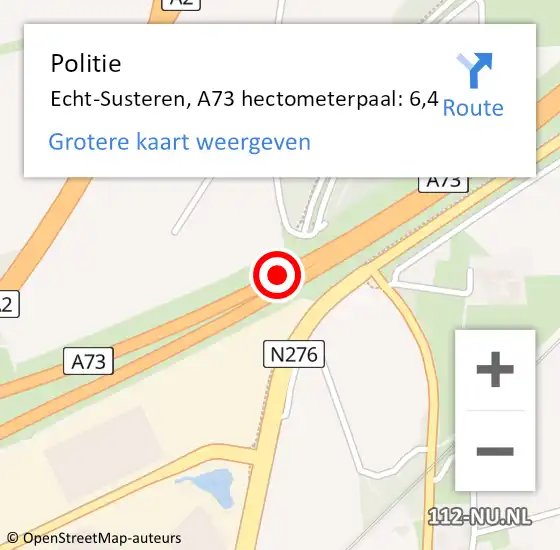 Locatie op kaart van de 112 melding: Politie Echt-Susteren, A73 hectometerpaal: 6,4 op 14 juli 2022 19:44