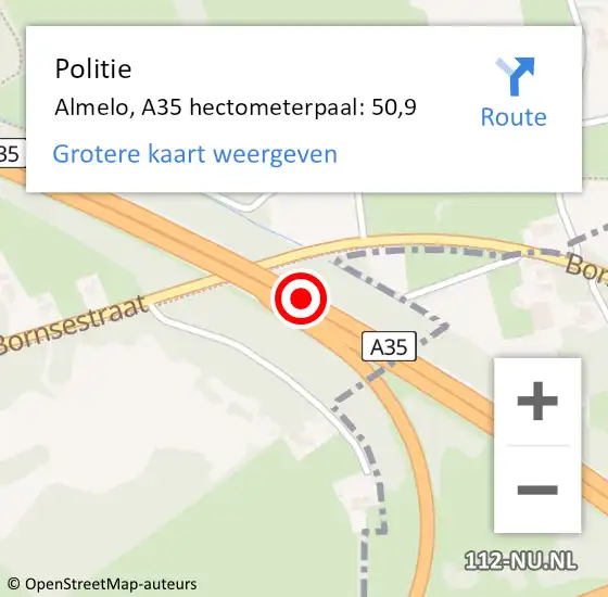 Locatie op kaart van de 112 melding: Politie Almelo, A35 hectometerpaal: 50,9 op 14 juli 2022 20:58