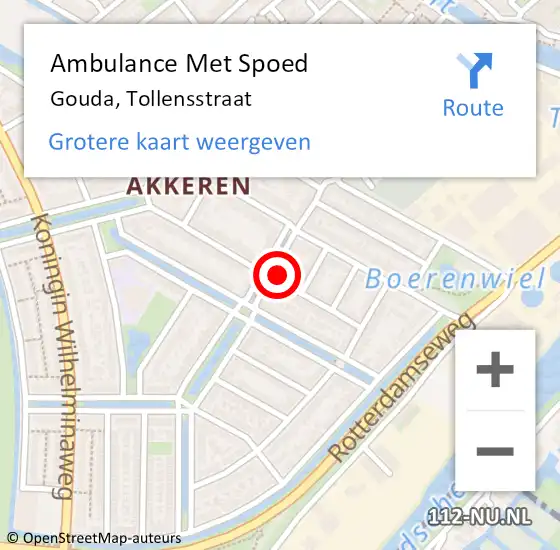 Locatie op kaart van de 112 melding: Ambulance Met Spoed Naar Gouda, Tollensstraat op 14 juli 2022 22:37