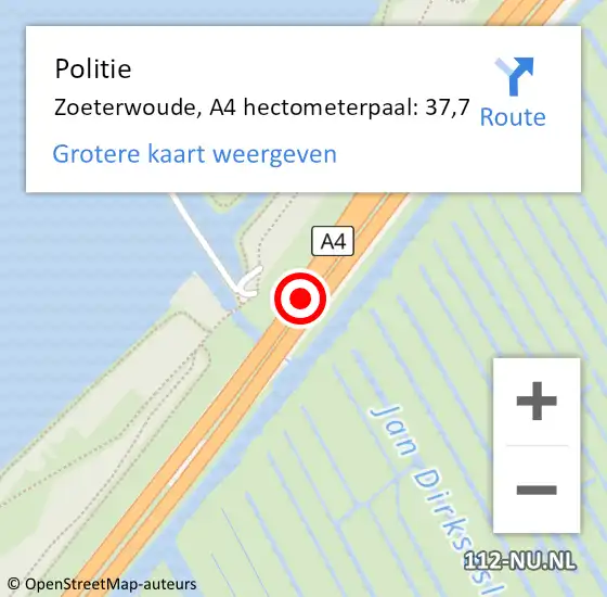 Locatie op kaart van de 112 melding: Politie Zoeterwoude, A4 hectometerpaal: 37,7 op 15 juli 2022 01:57