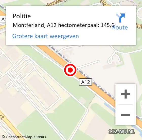 Locatie op kaart van de 112 melding: Politie Montferland, A12 hectometerpaal: 145,6 op 15 juli 2022 09:47
