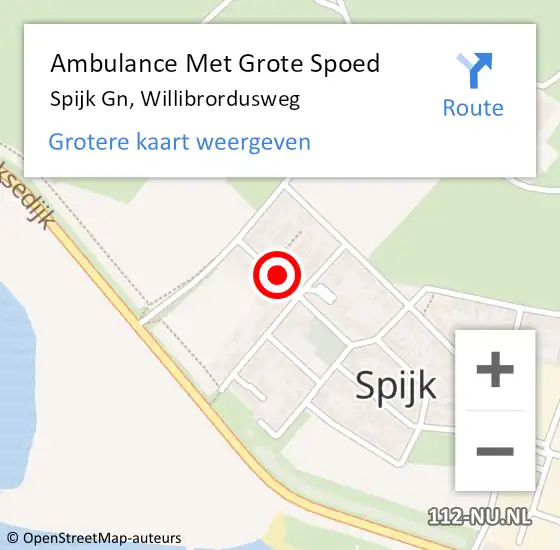 Locatie op kaart van de 112 melding: Ambulance Met Grote Spoed Naar Spijk Gn, Willibrordusweg op 15 juli 2022 11:19