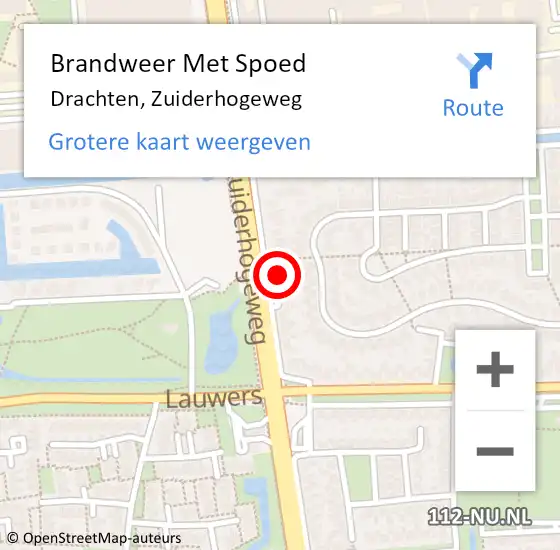 Locatie op kaart van de 112 melding: Brandweer Met Spoed Naar Drachten, Zuiderhogeweg op 15 juli 2022 13:24