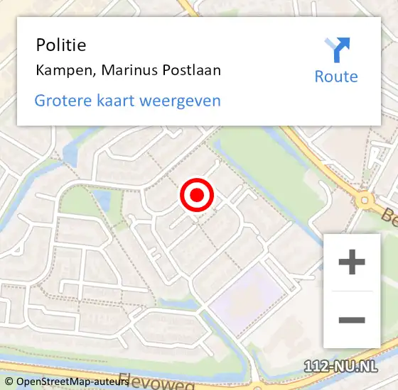 Locatie op kaart van de 112 melding: Politie Kampen, Marinus Postlaan op 15 juli 2022 13:57