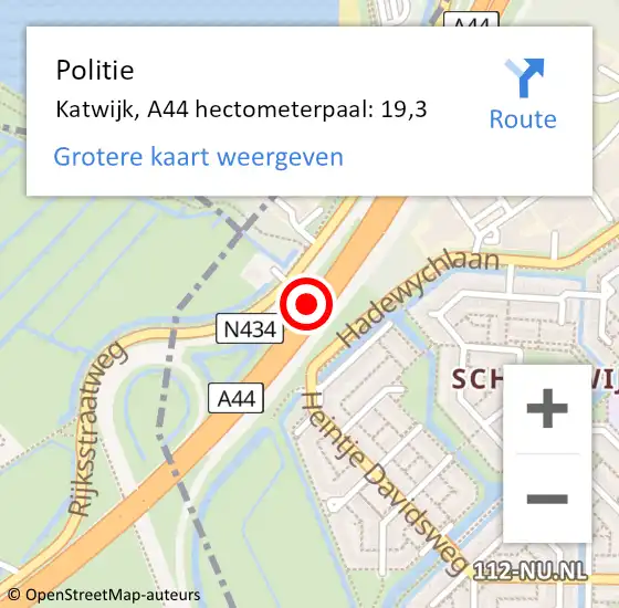 Locatie op kaart van de 112 melding: Politie Katwijk, A44 hectometerpaal: 19,3 op 15 juli 2022 14:15