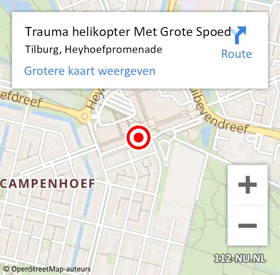 Locatie op kaart van de 112 melding: Trauma helikopter Met Grote Spoed Naar Tilburg, Heyhoefpromenade op 15 juli 2022 14:35