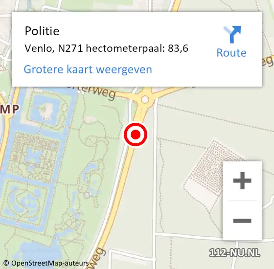 Locatie op kaart van de 112 melding: Politie Venlo, N271 hectometerpaal: 83,6 op 15 juli 2022 15:05