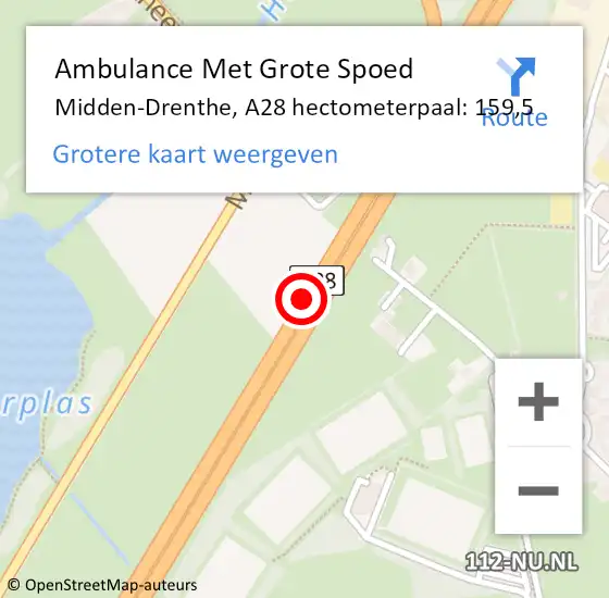 Locatie op kaart van de 112 melding: Ambulance Met Grote Spoed Naar Midden-Drenthe, A28 hectometerpaal: 159,5 op 15 juli 2022 15:07