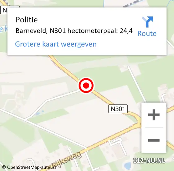 Locatie op kaart van de 112 melding: Politie Barneveld, N301 hectometerpaal: 24,4 op 15 juli 2022 15:10