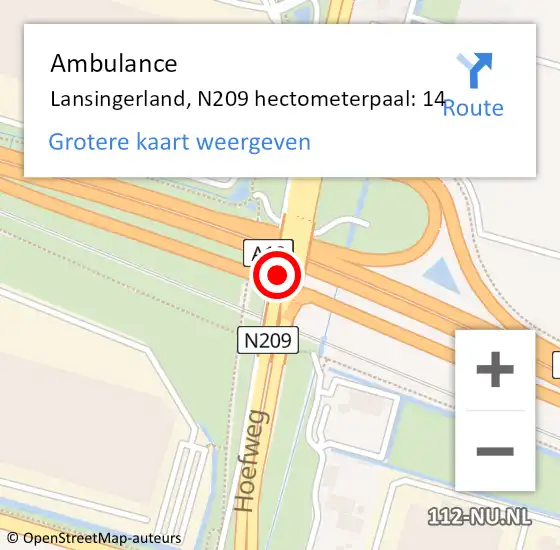 Locatie op kaart van de 112 melding: Ambulance Lansingerland, N209 hectometerpaal: 14 op 15 juli 2022 15:14