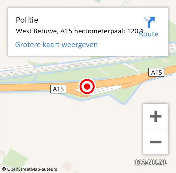 Locatie op kaart van de 112 melding: Politie West Betuwe, A15 hectometerpaal: 120,1 op 15 juli 2022 15:20