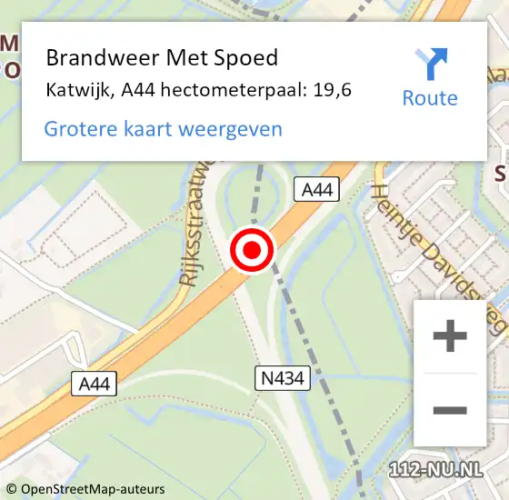 Locatie op kaart van de 112 melding: Brandweer Met Spoed Naar Katwijk, A44 hectometerpaal: 19,6 op 15 juli 2022 15:48