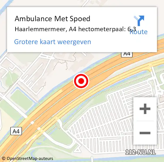 Locatie op kaart van de 112 melding: Ambulance Met Spoed Naar Haarlemmermeer, A4 hectometerpaal: 6,3 op 15 juli 2022 17:15
