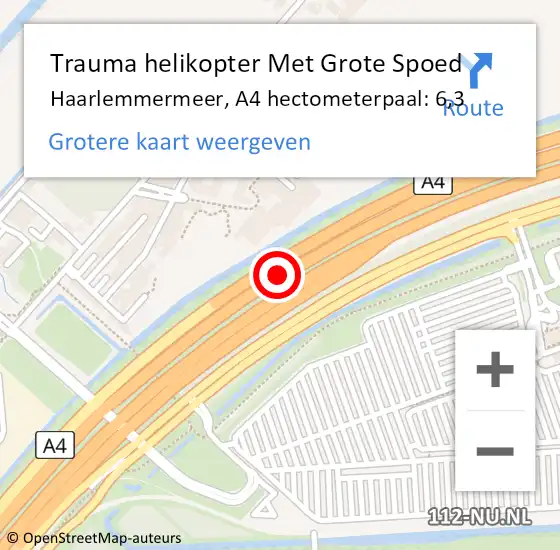 Locatie op kaart van de 112 melding: Trauma helikopter Met Grote Spoed Naar Haarlemmermeer, A4 hectometerpaal: 6,3 op 15 juli 2022 17:37