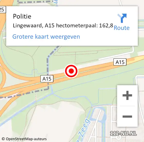 Locatie op kaart van de 112 melding: Politie Lingewaard, A15 hectometerpaal: 162,8 op 15 juli 2022 17:53