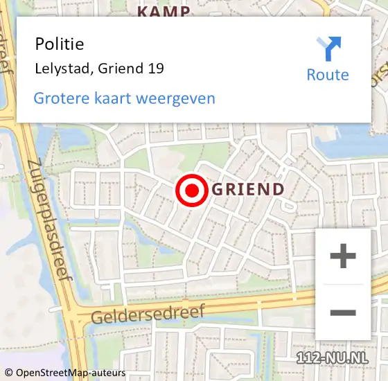 Locatie op kaart van de 112 melding: Politie Lelystad, Griend 19 op 15 juli 2022 18:16