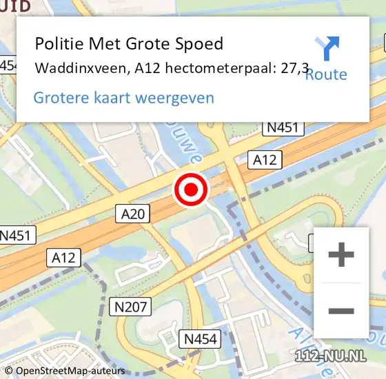 Locatie op kaart van de 112 melding: Politie Met Grote Spoed Naar Waddinxveen, A12 hectometerpaal: 27,3 op 15 juli 2022 18:31