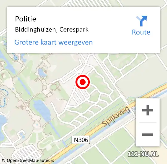 Locatie op kaart van de 112 melding: Politie Biddinghuizen, Cerespark op 15 juli 2022 18:42
