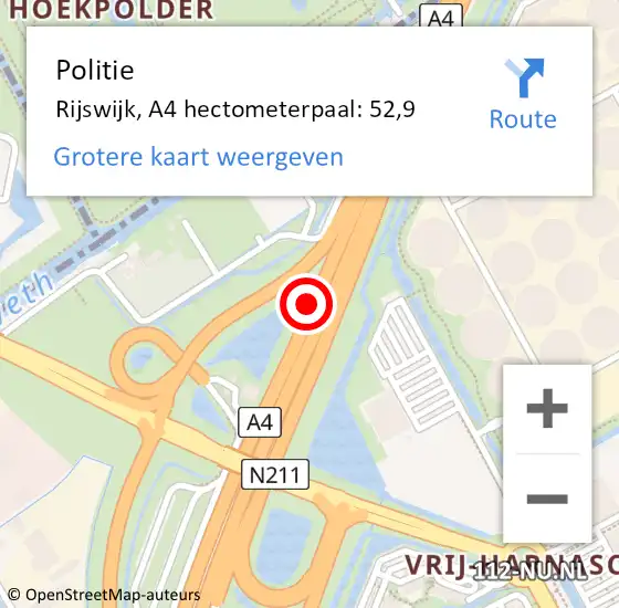 Locatie op kaart van de 112 melding: Politie Rijswijk, A4 hectometerpaal: 52,9 op 15 juli 2022 20:27