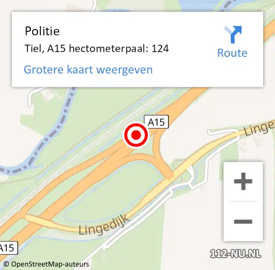 Locatie op kaart van de 112 melding: Politie Tiel, A15 hectometerpaal: 124 op 15 juli 2022 20:39