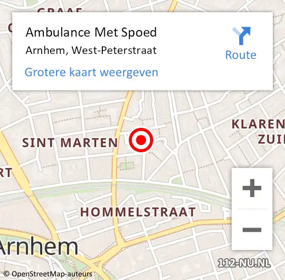 Locatie op kaart van de 112 melding: Ambulance Met Spoed Naar Arnhem, West-Peterstraat op 15 juli 2022 22:22