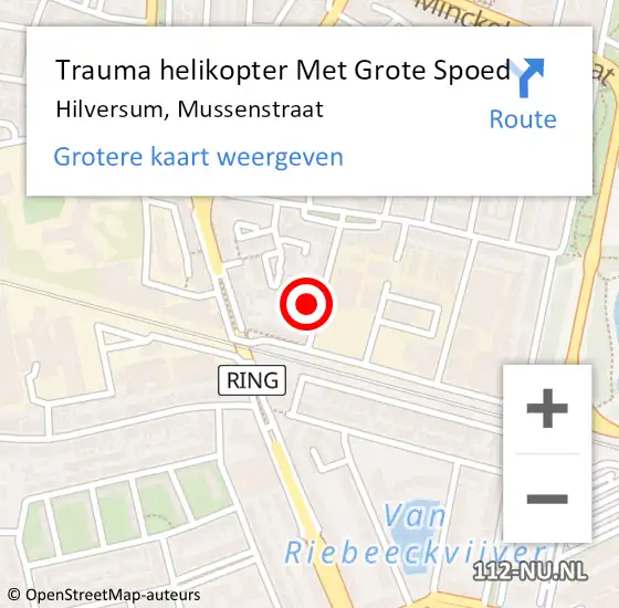 Locatie op kaart van de 112 melding: Trauma helikopter Met Grote Spoed Naar Hilversum, Mussenstraat op 15 juli 2022 22:34