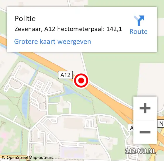 Locatie op kaart van de 112 melding: Politie Zevenaar, A12 hectometerpaal: 142,1 op 15 juli 2022 22:52