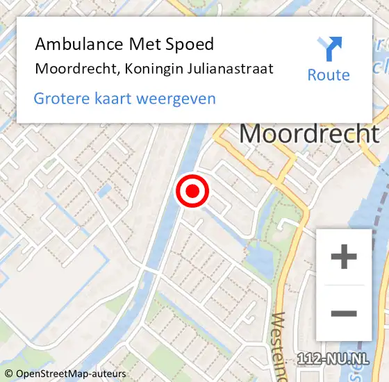 Locatie op kaart van de 112 melding: Ambulance Met Spoed Naar Moordrecht, Koningin Julianastraat op 15 juli 2022 23:09