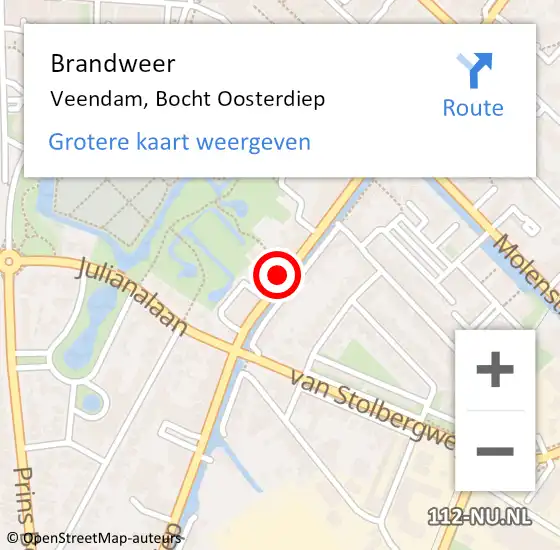 Locatie op kaart van de 112 melding: Brandweer Veendam, Bocht Oosterdiep op 16 juli 2022 00:20