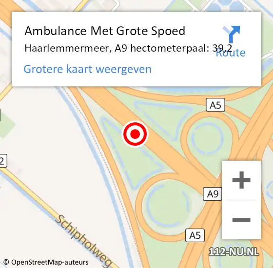 Locatie op kaart van de 112 melding: Ambulance Met Grote Spoed Naar Haarlemmermeer, A9 hectometerpaal: 39,2 op 16 juli 2022 02:16