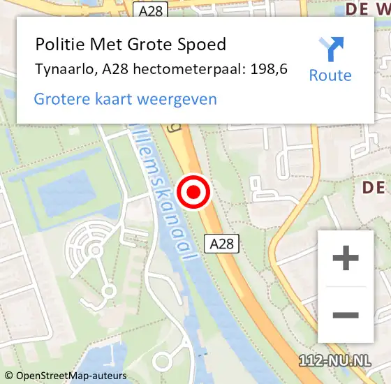 Locatie op kaart van de 112 melding: Politie Met Grote Spoed Naar Tynaarlo, A28 hectometerpaal: 198,6 op 16 juli 2022 03:28