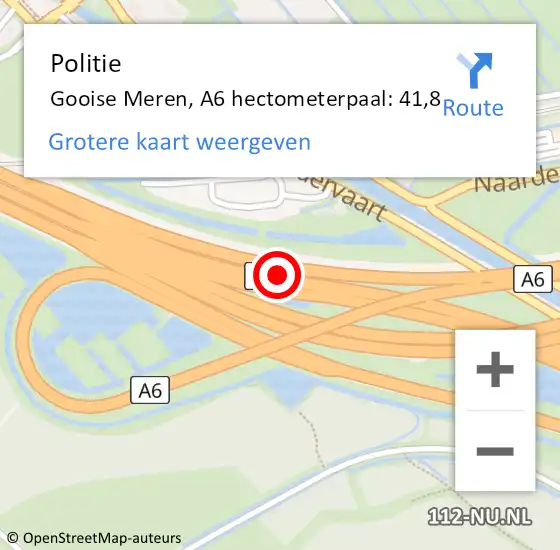 Locatie op kaart van de 112 melding: Politie Gooise Meren, A6 hectometerpaal: 41,8 op 16 juli 2022 05:11