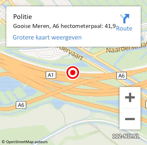 Locatie op kaart van de 112 melding: Politie Gooise Meren, A6 hectometerpaal: 41,9 op 16 juli 2022 05:26