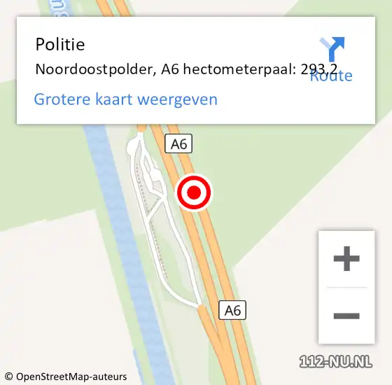 Locatie op kaart van de 112 melding: Politie Noordoostpolder, A6 hectometerpaal: 293,2 op 16 juli 2022 05:44