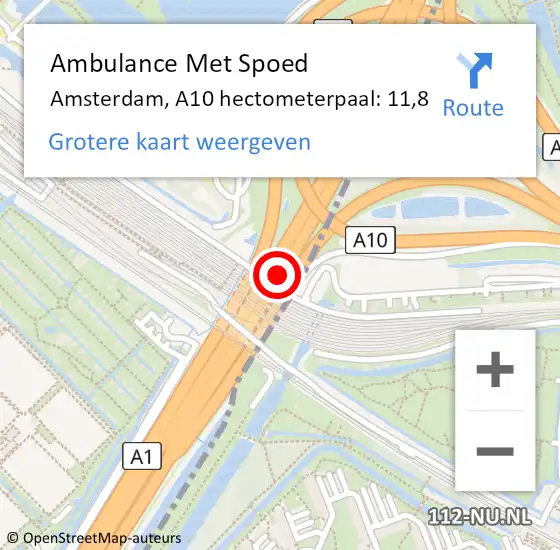 Locatie op kaart van de 112 melding: Ambulance Met Spoed Naar Amsterdam, A10 hectometerpaal: 11,8 op 16 juli 2022 08:51