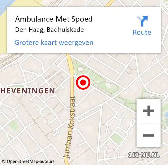 Locatie op kaart van de 112 melding: Ambulance Met Spoed Naar Den Haag, Badhuiskade op 16 juli 2022 09:18