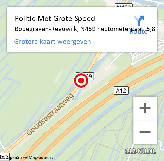 Locatie op kaart van de 112 melding: Politie Met Grote Spoed Naar Bodegraven-Reeuwijk, N459 hectometerpaal: 5,8 op 16 juli 2022 10:12