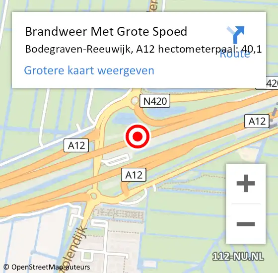 Locatie op kaart van de 112 melding: Brandweer Met Grote Spoed Naar Bodegraven-Reeuwijk, A12 hectometerpaal: 40,1 op 16 juli 2022 10:26