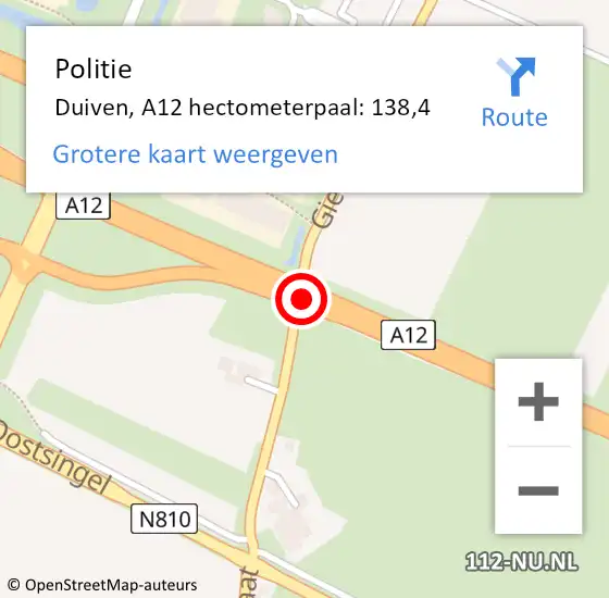 Locatie op kaart van de 112 melding: Politie Duiven, A12 hectometerpaal: 138,4 op 16 juli 2022 10:42