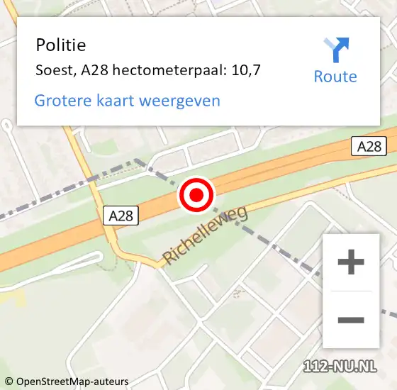 Locatie op kaart van de 112 melding: Politie Soest, A28 hectometerpaal: 10,7 op 16 juli 2022 11:22