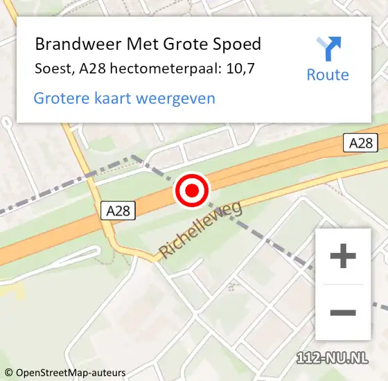 Locatie op kaart van de 112 melding: Brandweer Met Grote Spoed Naar Soest, A28 hectometerpaal: 10,7 op 16 juli 2022 11:24