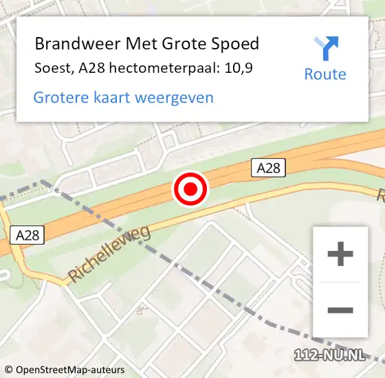 Locatie op kaart van de 112 melding: Brandweer Met Grote Spoed Naar Soest, A28 hectometerpaal: 10,9 op 16 juli 2022 11:27