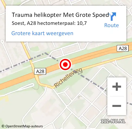 Locatie op kaart van de 112 melding: Trauma helikopter Met Grote Spoed Naar Soest, A28 hectometerpaal: 10,7 op 16 juli 2022 11:32