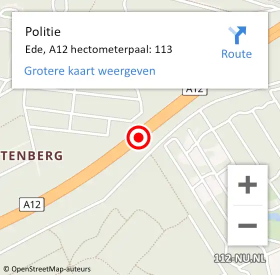 Locatie op kaart van de 112 melding: Politie Ede, A12 hectometerpaal: 113 op 16 juli 2022 11:59