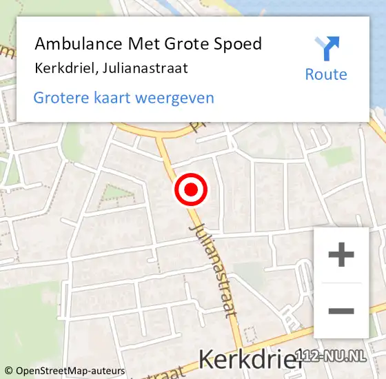 Locatie op kaart van de 112 melding: Ambulance Met Grote Spoed Naar Kerkdriel, Julianastraat op 16 juli 2022 13:26
