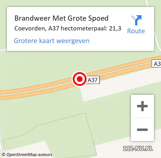 Locatie op kaart van de 112 melding: Brandweer Met Grote Spoed Naar Coevorden, A37 hectometerpaal: 21,3 op 16 juli 2022 14:01