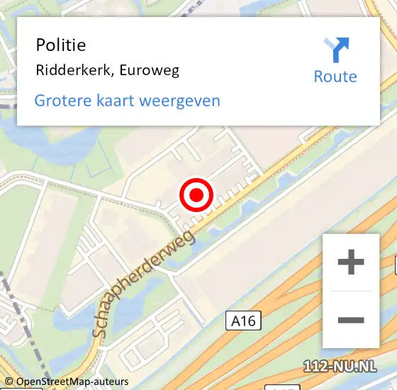 Locatie op kaart van de 112 melding: Politie Ridderkerk, Euroweg op 16 juli 2022 15:32