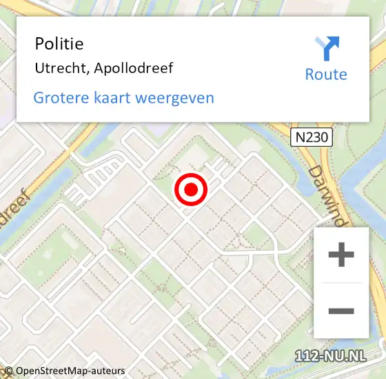 Locatie op kaart van de 112 melding: Politie Utrecht, Apollodreef op 16 juli 2022 17:04